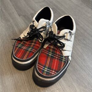 T.U.K White Leather Creepers with Red Plaid Vamp